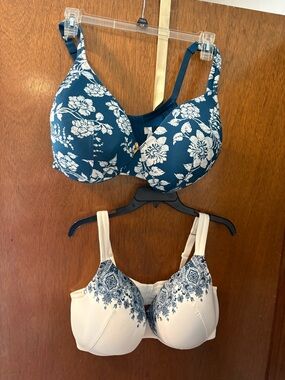 Cacique Lane Bryant Bra Lot 42F Floral Full Coverage Underwire Blue White 2pc